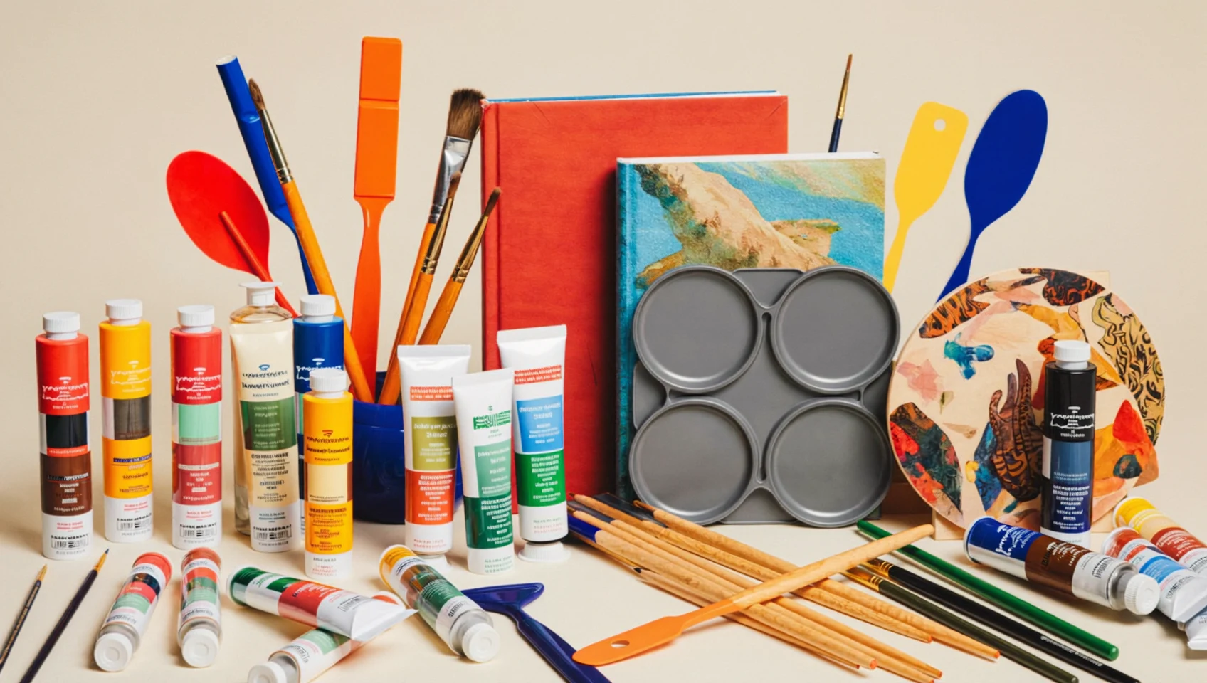 Ilustrație generată: atelier creativ cu materiale de desen așezate pe masă